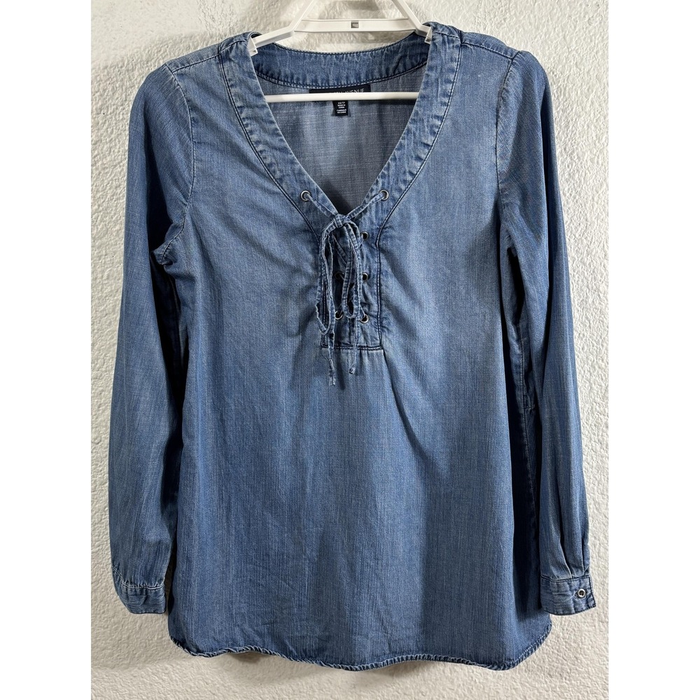 Saks Fifth‎ Avenue Blouse Womens XS Blue Chambray Lace Up Peplum Hem Top